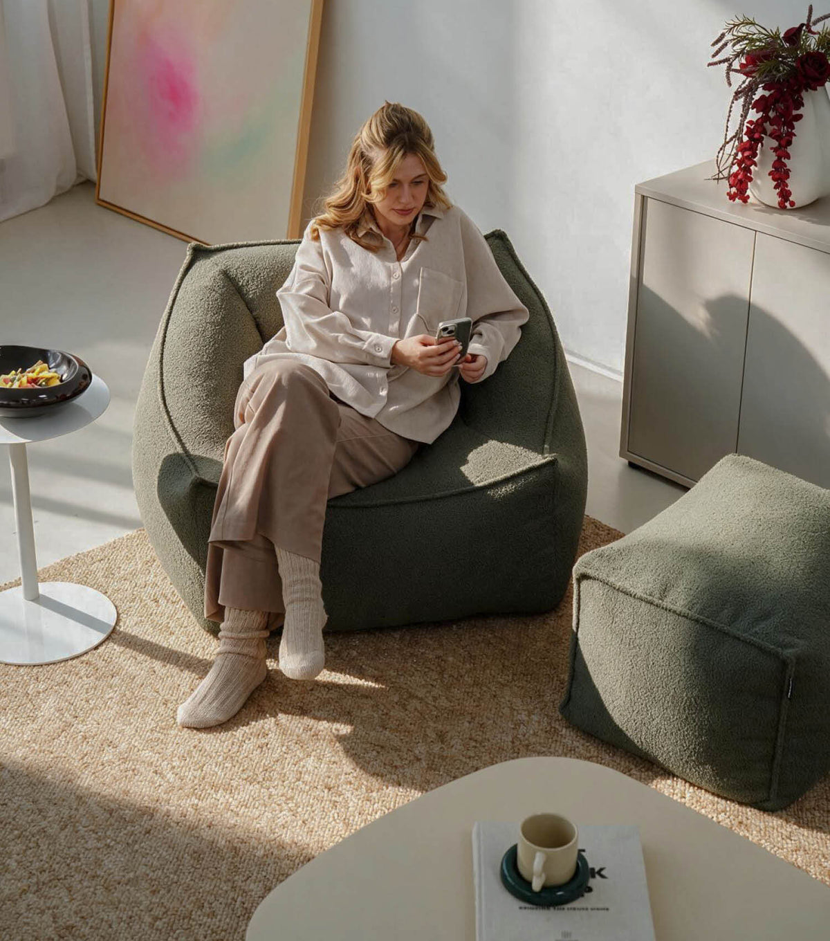 'Snug' Bouclé bean bag armchair reading chair