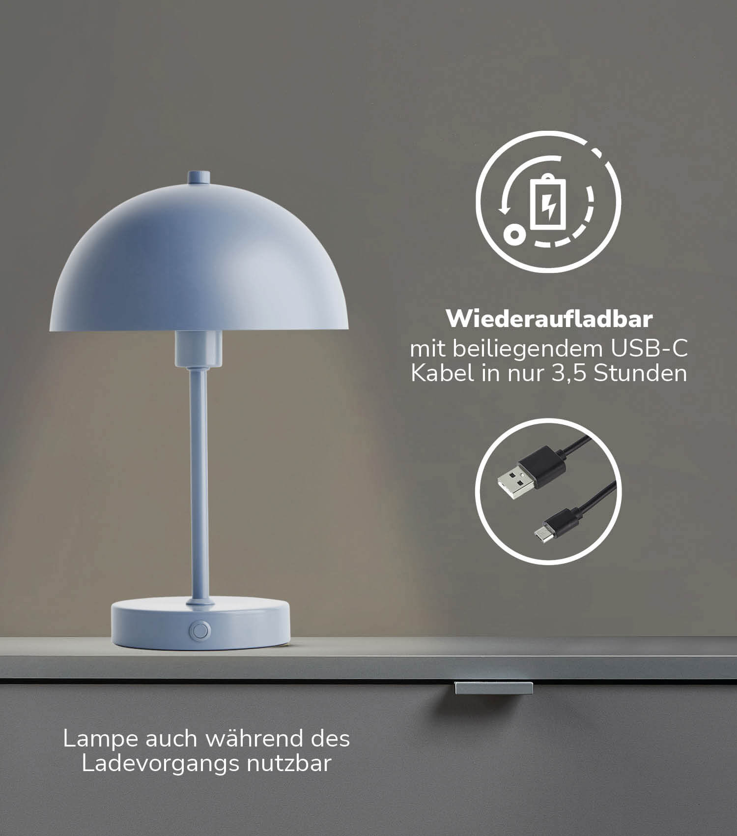 Tischlampe kabellos Akku Tischleuchte dimmbar aufladbar Nachttischlampe