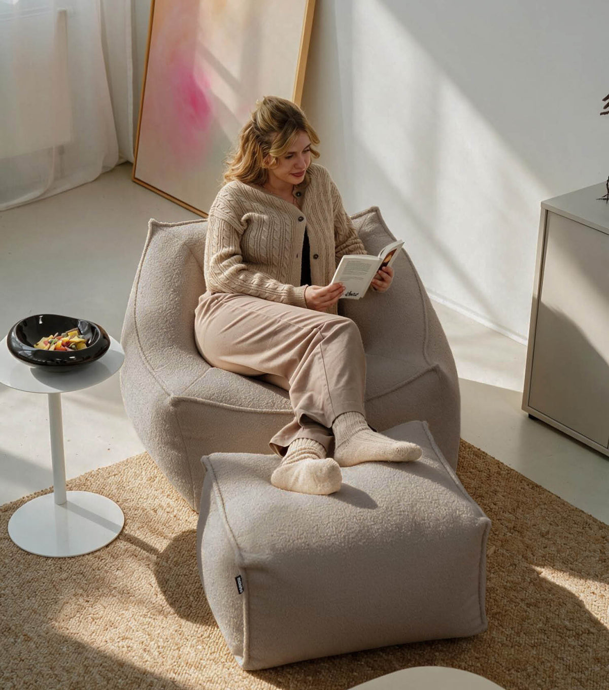 'Snug' Bouclé bean bag armchair reading chair