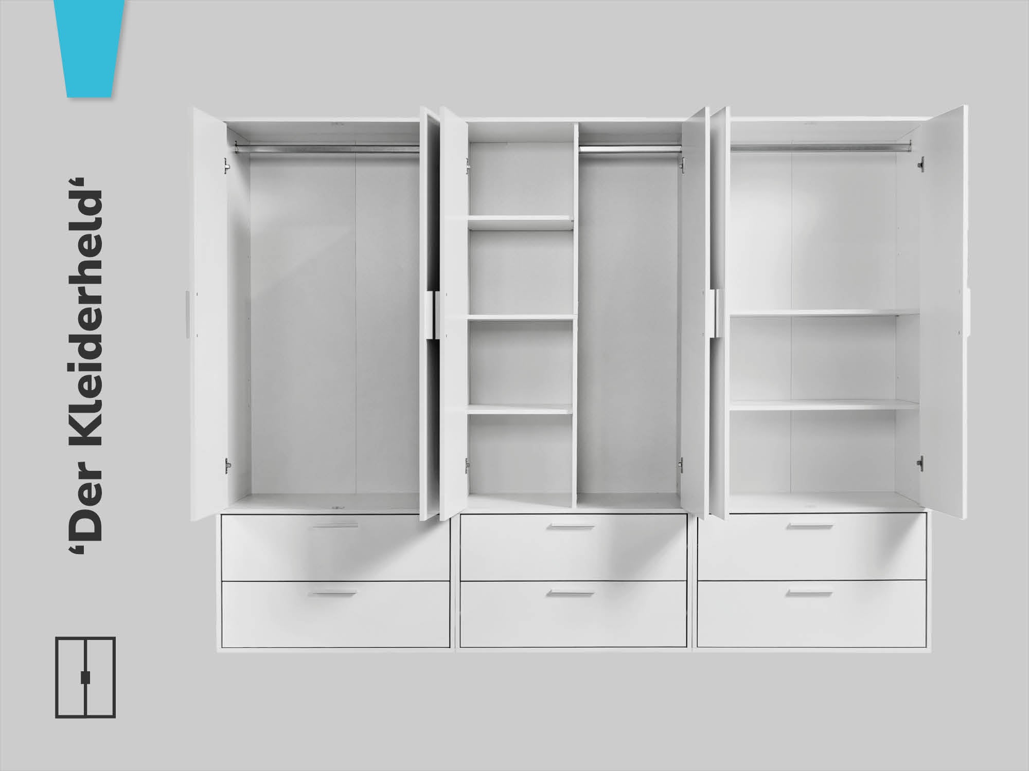 drei weiße Kleiderschränke 'Der Kleiderheld' nebeneinander. Schrank mit Kleiderstange, Schrank mit Kleiderstange und vier Fächer und Schrank mit Kleiderstange und zwei Fächer. 