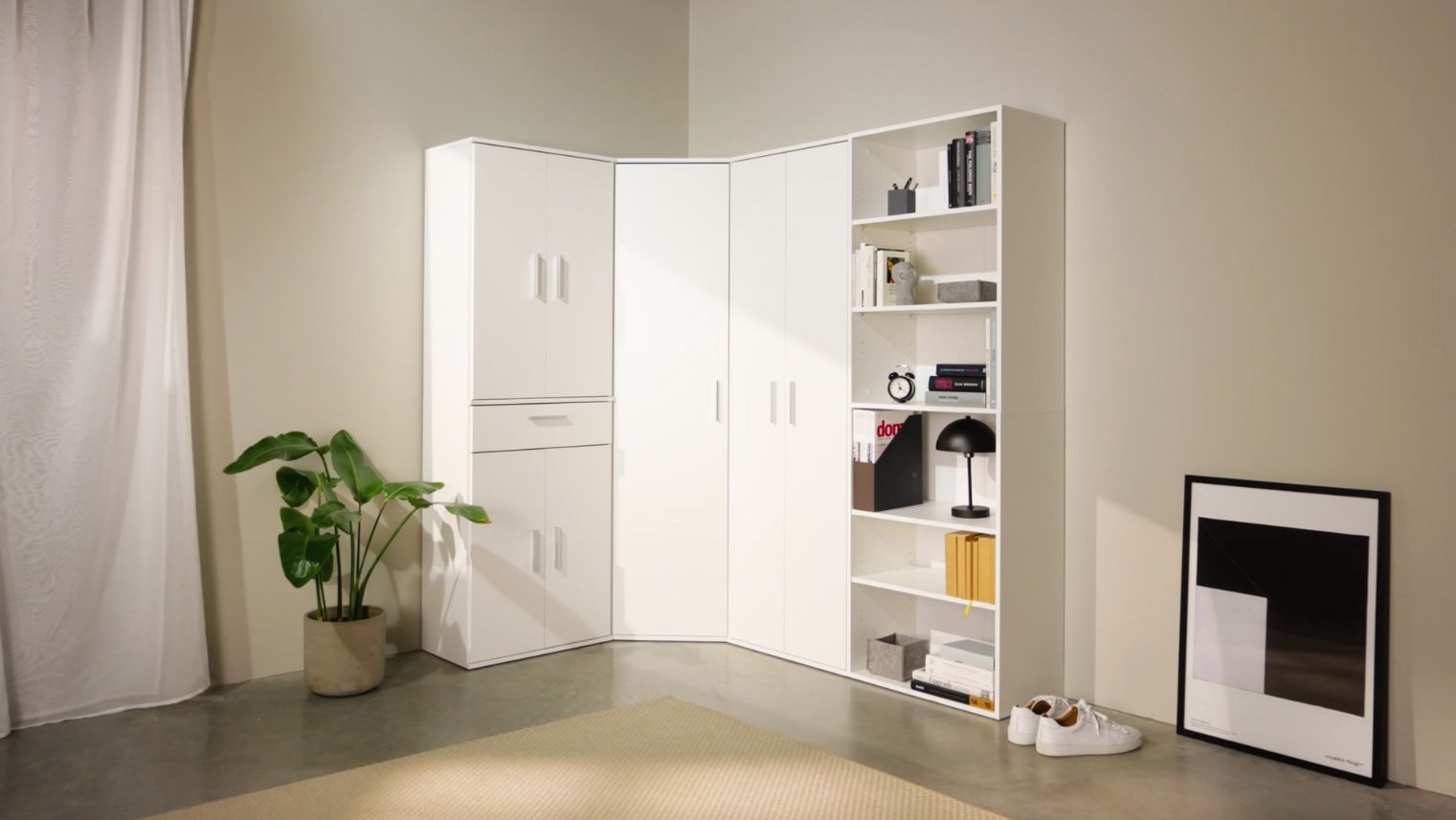 Schrankwand Weiß mit Eckschrank 'Der Lange'